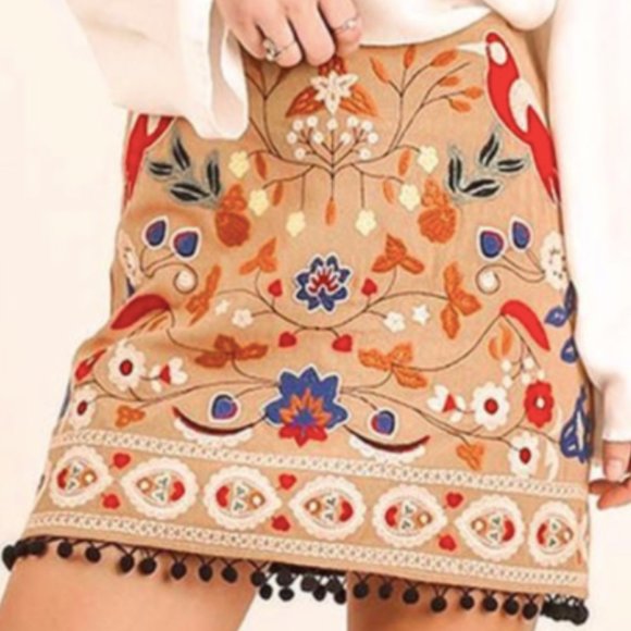 Umgee Dresses & Skirts - Umgee I Tan Bird Embroidered Vega Pom Pom Skirt